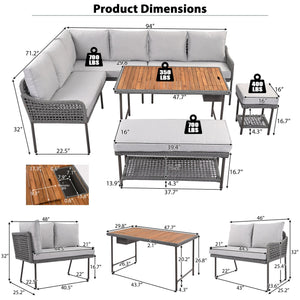 English Elm K&K 6-Piece Rope Patio L-Shaped Sectional Set with Acacia Wood Ice Box Table and Deep Cushions Grey N707S000014G