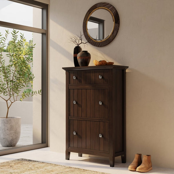 English Elm Acadian Solid Wood Entryway Shoe Cabinet with Tilt Doors Tapered Legs Brunette Finish B136P436049