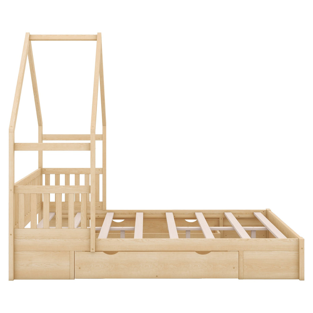 English Elm Wood Queen Size House Platform Bed with Guardrail and 2 Drawers — Charming Kids’ Playful Storage Bedframe Natural GX000726AAN