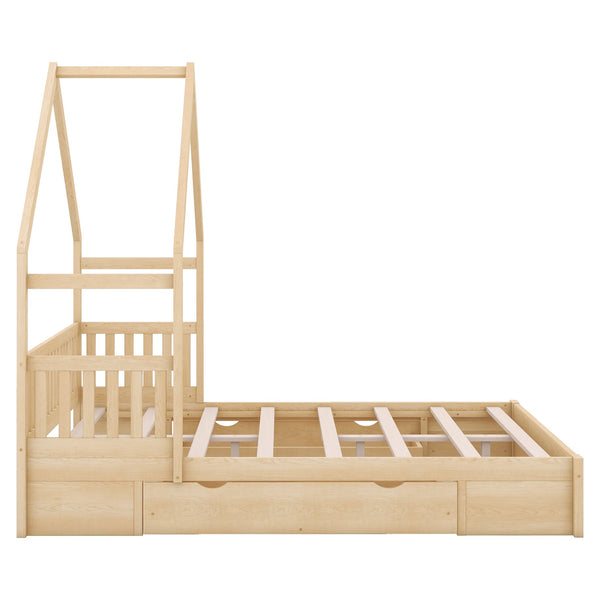 English Elm Wood Queen Size House Platform Bed with Guardrail and 2 Drawers — Charming Kids’ Playful Storage Bedframe Natural GX000726AAN