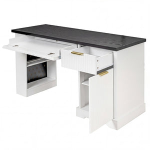 English Elm 55" Fluted White Computer Desk with Power Outlet Pegboard Cabinet and Keyboard Tray W2917P396008