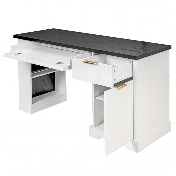 English Elm 55" Fluted White Computer Desk with Power Outlet Pegboard Cabinet and Keyboard Tray W2917P396008