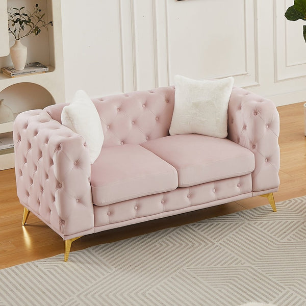 English Elm Fx Velvet Chesterfield Sofa Button Tufted Diamond Quilted Design with Accent Pillows Pink W1926S00079