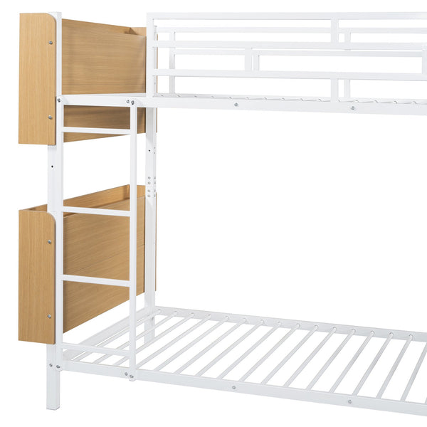 English Elm Twin Metal Bunk Bed with Built-In Headboard Storage and Footboard Shelves, Sturdy Space-Saving Design White SF000176AAK