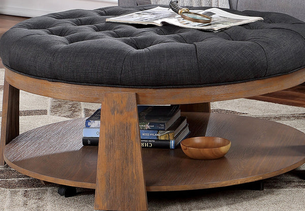 English Elm Round Wire-Brushed Coffee Table 40¾" Dia Rustic Natural Tone with Button-Tufted Padded Seat & Open Shelf B2741P360142