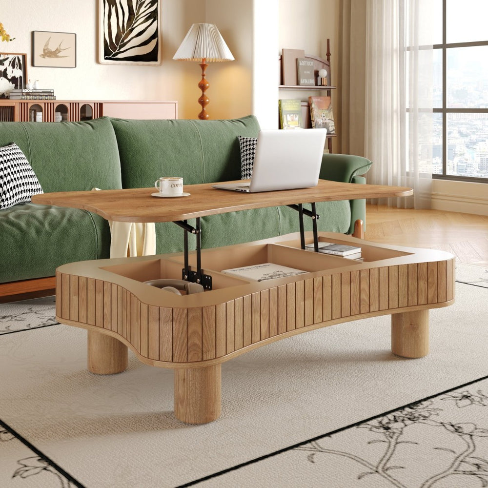 English Elm Lift Top Coffee Table with Fluted Panels Hidden Storage and Hydraulic Rise for Living Rooms W1445P317476