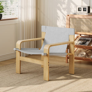 English Elm Detachable Oak Accent Chair with Solid Wood Frame, Wide Armrest, Removable Washable Linen Cover LIGHT GREY W2336P251804