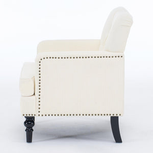 English Elm Tufted Button Corduroy Accent Chair Mid Century Studded Armchair for Living Room Beige W3523P387526