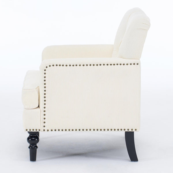 English Elm Tufted Button Corduroy Accent Chair Mid Century Studded Armchair for Living Room Beige W3523P387526