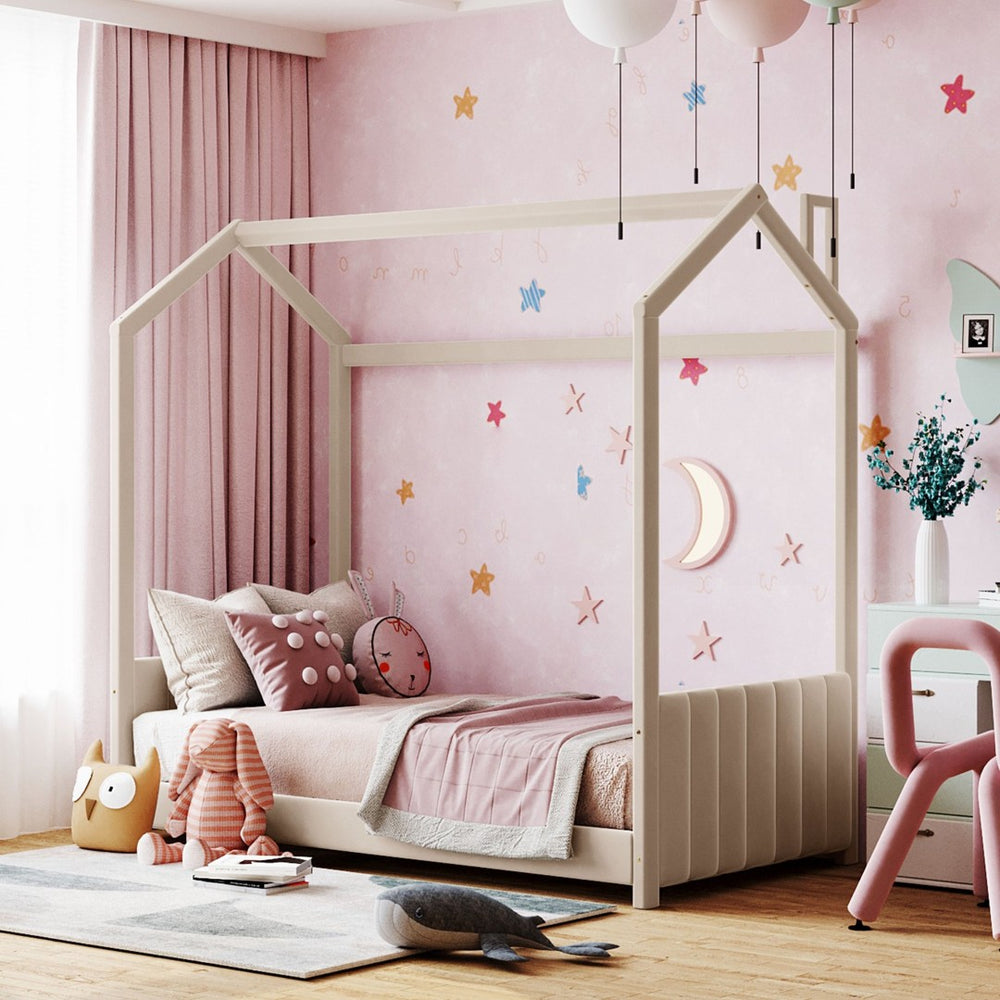 English Elm Twin House Bed Velvet Upholstered Peaked Roof Frame for a Cozy Kids Bedroom LP100125AAA
