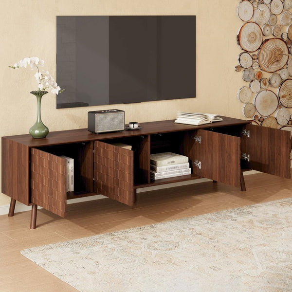 English Elm 70 Inch Fluted Entertainment Center Walnut Finish Solid Wood Legs Soft Close Storage N710P372582P