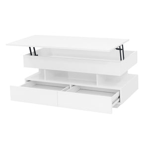 English Elm U-Can Lift-Top Coffee Table with LED Ambient Lighting, Dual Drawers and Adjustable Scalable Design White N724P290058K