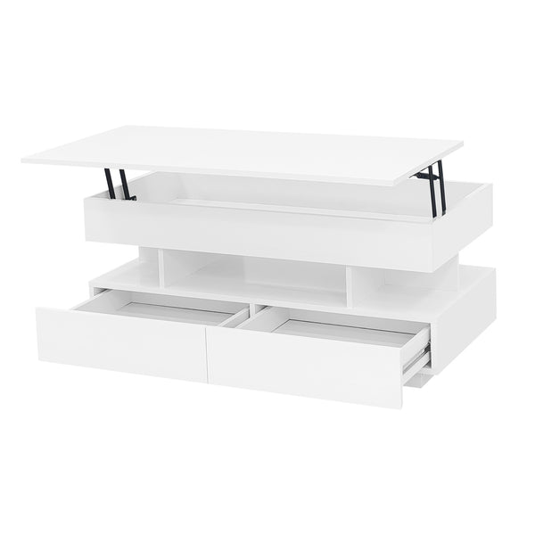 English Elm U-Can Lift-Top Coffee Table with LED Ambient Lighting, Dual Drawers and Adjustable Scalable Design White N724P290058K
