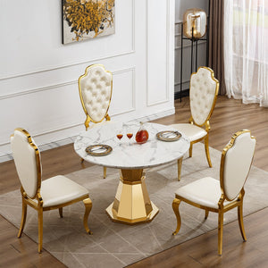 English Elm 47" Round Marble Dining Table - Luxurious High Gloss Faux Marble Top & Stainless Steel Base For Modern Spaces W3456S00005