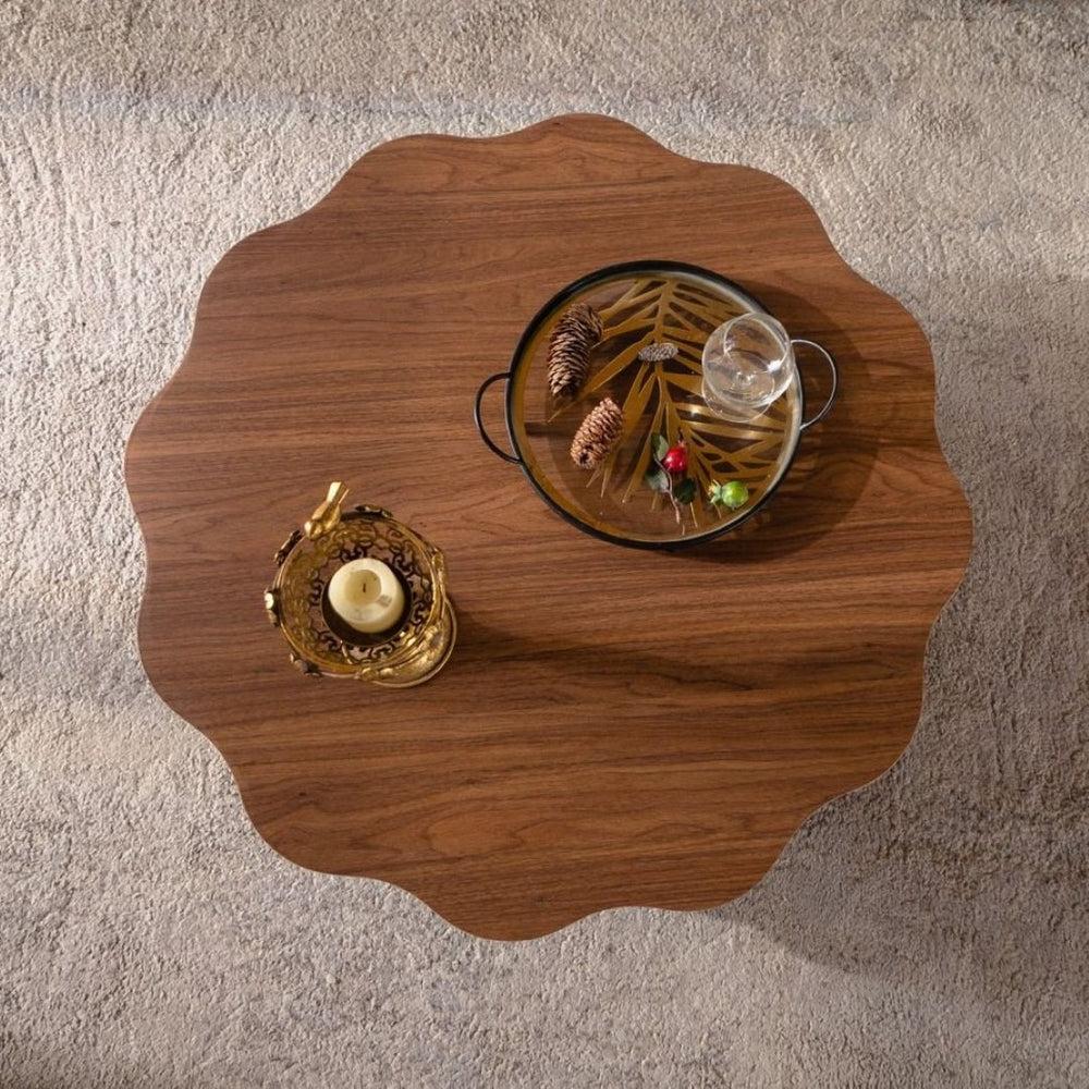 English Elm 31.5" Scalloped Round Coffee Table Walnut Grain Mdf Sculptural Living Room Accent W3158P395511