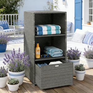 English Elm Outdoor Wicker Towel Rack Two Shelf Pe Rattan Poolside Storage for Patio or Bath Dark Gray T3971P486652