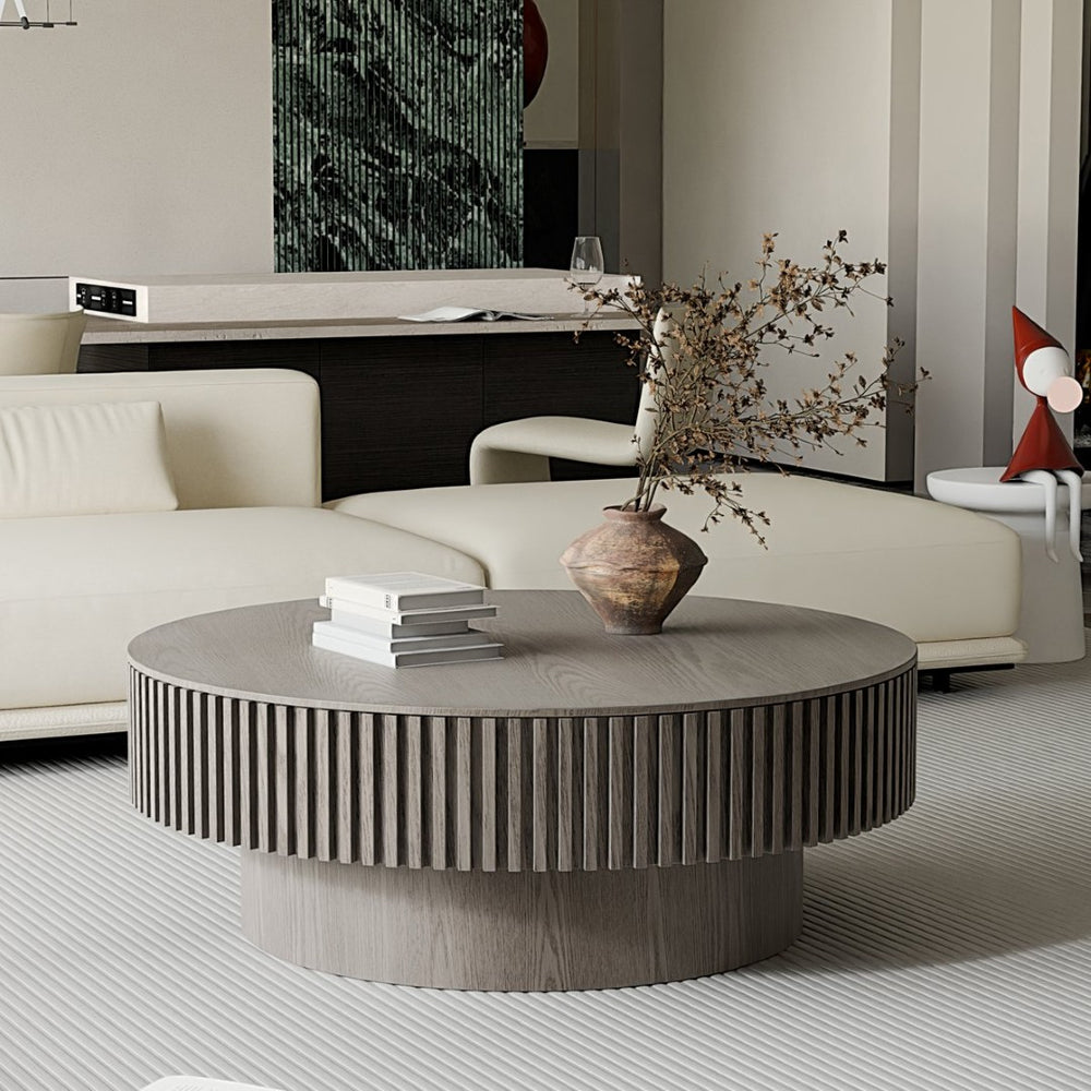 English Elm 39.37'' Round Lift Top Coffee Table Fluted Pedestal Wood Veneer Storage Living Room W1435P368903