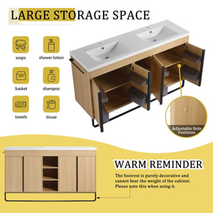 English Elm 60" Freestanding Bathroom Vanity with Dual Resin Sink, 4 Soft-Close Doors, 3 Open Shelves & Towel Hanger, Plywood Storage Boxes, Modern Durable Hardware W999S00480
