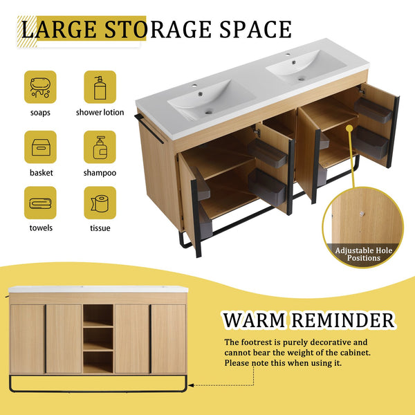 English Elm 60" Freestanding Bathroom Vanity with Dual Resin Sink, 4 Soft-Close Doors, 3 Open Shelves & Towel Hanger, Plywood Storage Boxes, Modern Durable Hardware W999S00480