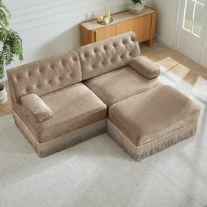 English Elm L-shaped Velvet Chesterfield Sectional Sofa with Tassel Skirt and Tufted Modular Design Camel W714S01695