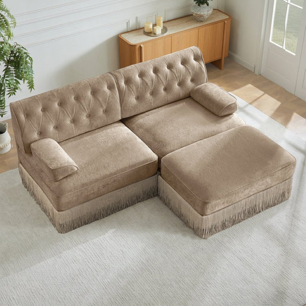 English Elm L-shaped Velvet Chesterfield Sectional Sofa with Tassel Skirt and Tufted Modular Design Camel W714S01695