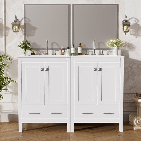English Elm 48-Inch Modern Bathroom Vanity with Dual Ceramic Sinks, Ample Soft-Close Storage and Stylish Design White N729P000009K