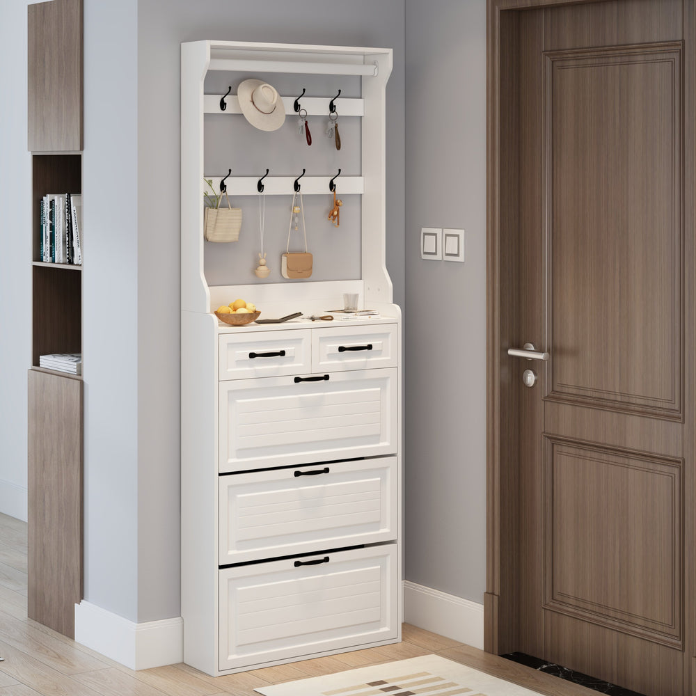 English Elm NEW White Shoe Cabinet with 3 Drop-Down Doors, 2 Drawers & Hanger — Slim MDF Storage for Hallway Shoes W1320P236454
