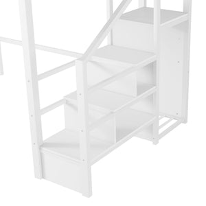 English Elm Full Size Loft Bed With Integrated Wardrobe, Stairs, House-Shaped Guardrails & Space-Saving Design W2593S00037