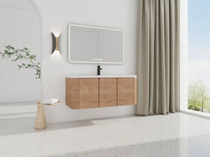 English Elm 48" Floating Bathroom Vanity Dual Ceramic Vessel Sinks Oak Finish Soft Close Doors W999S00507