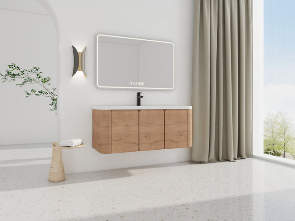 English Elm 48" Floating Bathroom Vanity Dual Ceramic Vessel Sinks Oak Finish Soft Close Doors W999S00507