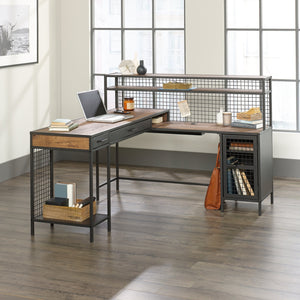English Elm L-Shaped Desk With Durable Metal Frame And Efficient Storage, Perfect For Modern Home Offices B356P402608