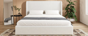 English Elm Queen Boucle Upholstered Wingback Bed Solid Wood Slats Cozy Bedroom Anchor W1670S00029