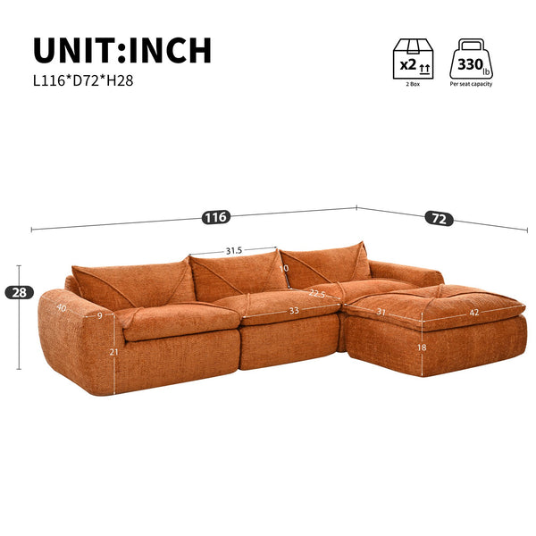 English Elm 116'' Fully Compressed Sofa with Legless Chenille Design, High-Density Comfort, Modular Flexibility and No Assembly Required Orange N723S9707G