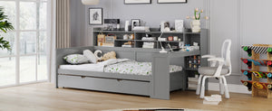 English Elm Wooden Twin Daybed with Trundle, Built-In Desk and Side Storage Shelves for Space-Saving Living Gray 54.4 L x 18 W x 5.6 H N733S242275E
