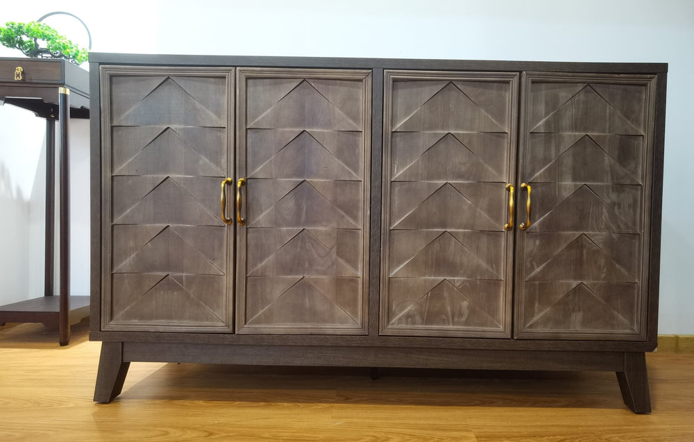 English Elm Vintage Retro Sideboard Buffet Cabinet with 4 Doors, Thick Top, Solid Wood Legs, Adjustable Shelves, Brown W1706P234057