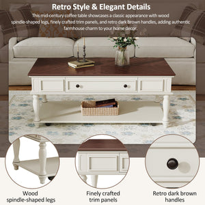 English Elm Farmhouse Retro Coffee Table with Lockable Wheels, One Drawer & Lower Shelf, Solid Wood Legs, Durable Finish White+Walnut N721P307935D