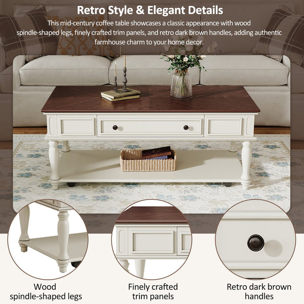 English Elm Farmhouse Retro Coffee Table with Lockable Wheels, One Drawer & Lower Shelf, Solid Wood Legs, Durable Finish White+Walnut N721P307935D