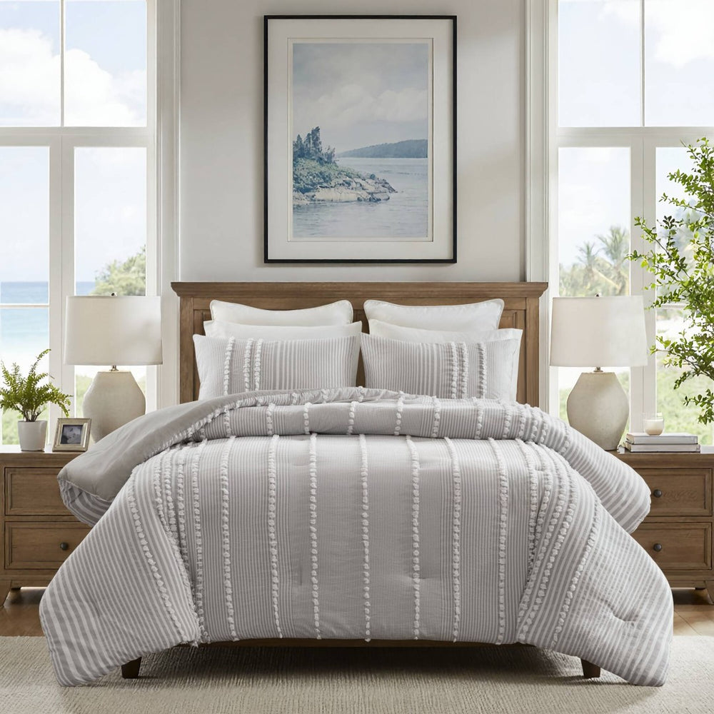 English Elm 3- Piece King Cotton Yarn Dyed Stripe Jacquard Pompom Comforter Set Oeko-tex Certified Grey B035P482891