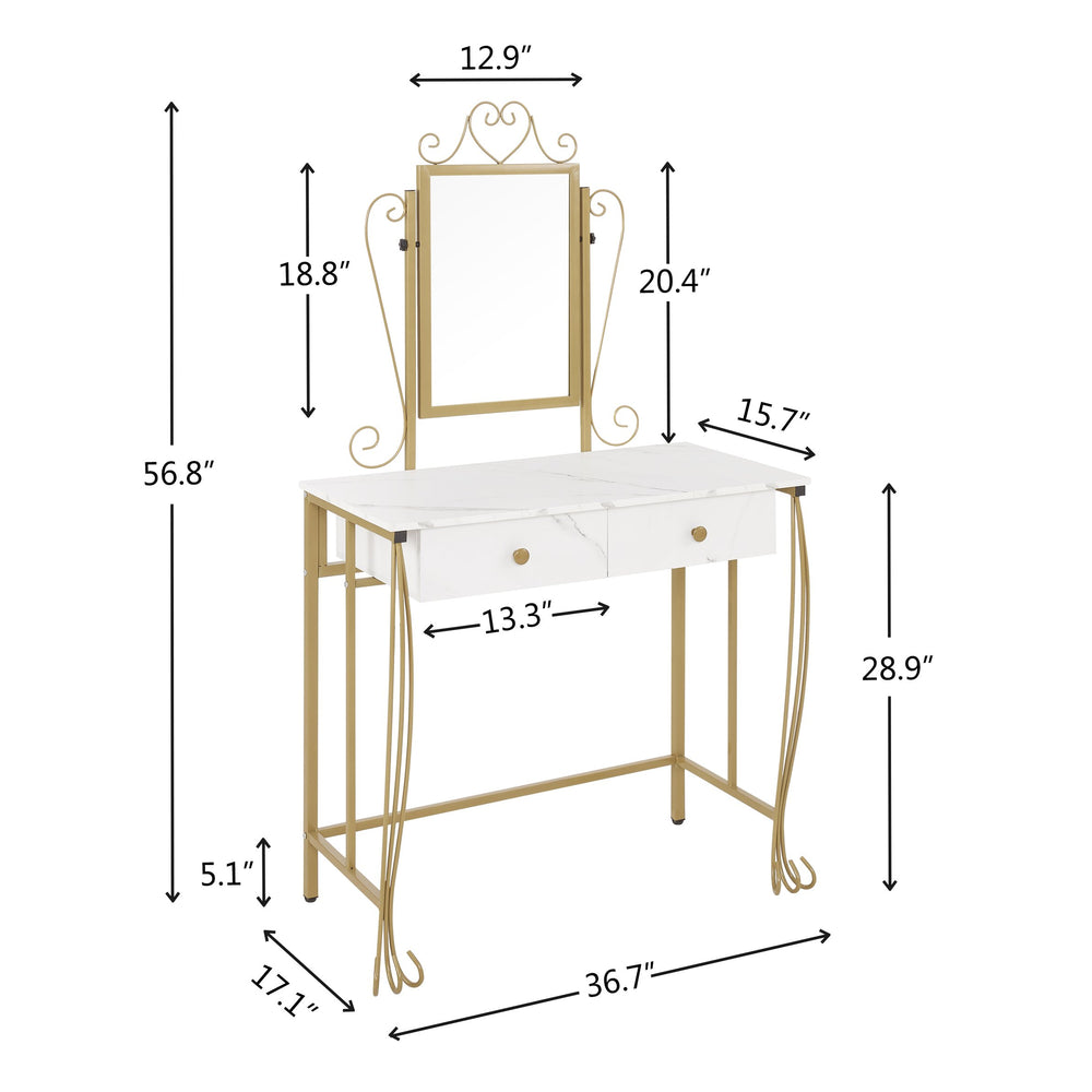 English Elm Vanity Vintage White Makeup Desk with Mirror & Stool, Multi-Drawer Storage, Stylish Wood-Metal Design W2167P143383