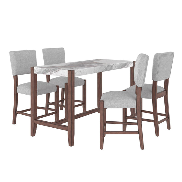 English Elm 5-Piece Counter Height Dining Set with Faux Marble Top and Upholstered Seats, Mid-Century Pub Charm White+gray N752S000086E