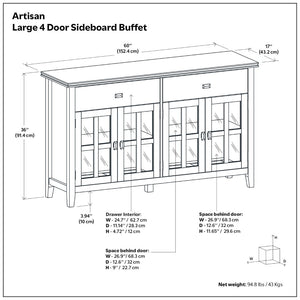 English Elm Artisan Solid Pine Four Door Buffet with Glass Panels for Dining Room Storage B136P439005