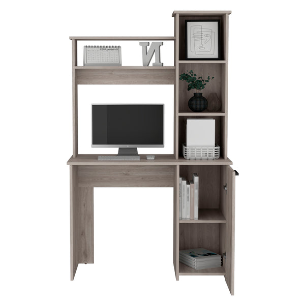 English Elm Carson Grey Computer Desk with Hutch, Single Door Cabinet, 25.8" Work Surface & 3-Tier Shelves B200P188878