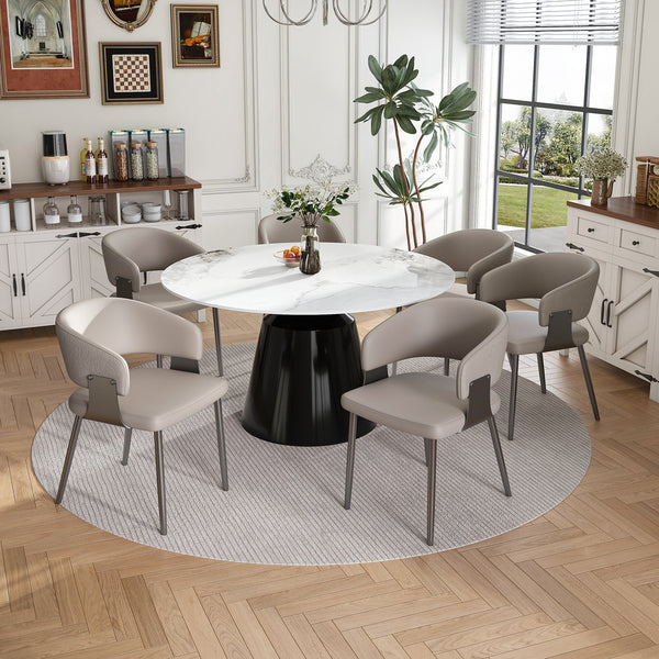 English Elm 53" Round Dining Table Set with Sintered Stone Top and Bronze Stainless Steel Cone Base, Seats 4-6 Black & White Print,Grey W2700S00036