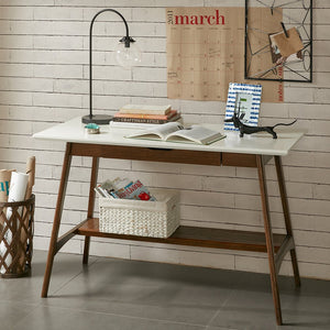 JLA Home Madison Park - Desk Parker Mid-Century Modern Off-White Top with Pecan Shelf — Stylish Compact Workspace, Storage, Easy Assembly MP122-0097