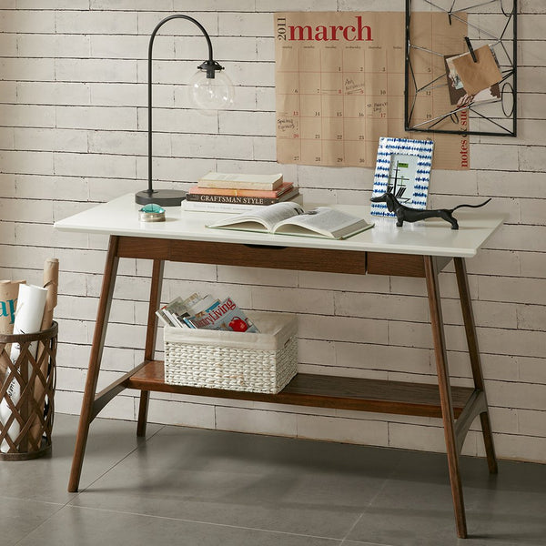 JLA Home Madison Park - Desk Parker Mid-Century Modern Off-White Top with Pecan Shelf — Stylish Compact Workspace, Storage, Easy Assembly MP122-0097