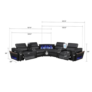 English Elm Nova Tech Sectional with Led Bar Bluetooth Speakers Power Recliners and Freezer Console Black B009S02165