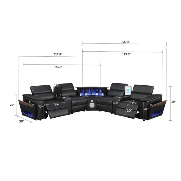English Elm Nova Tech Sectional with Led Bar Bluetooth Speakers Power Recliners and Freezer Console Black B009S02165