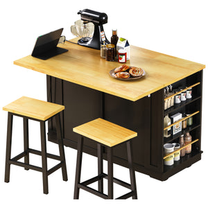 English Elm K&K 48in Kitchen Island Set with 2 Stools, Built-In Power Station, Drop Leaf & Ample Storage Space Black N707S000015B