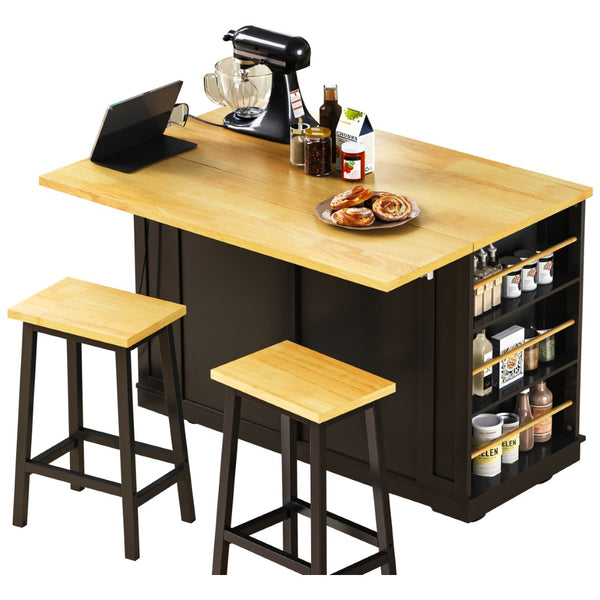 English Elm 48inch Kitchen Island Set with Bar Stools Drop Leaf Built in Power Station Mdf Storage Black N707S003015B