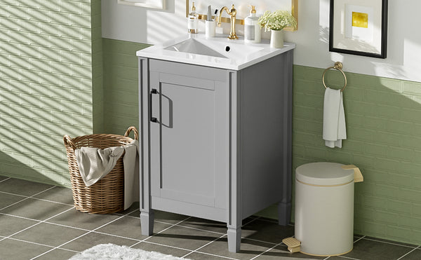English Elm 20" Gray Bathroom Vanity with Ceramic Sink, Soft-Close Door, U-Shaped Adjustable Shelf & Door Storage Rack for Small Spaces N729P299364E